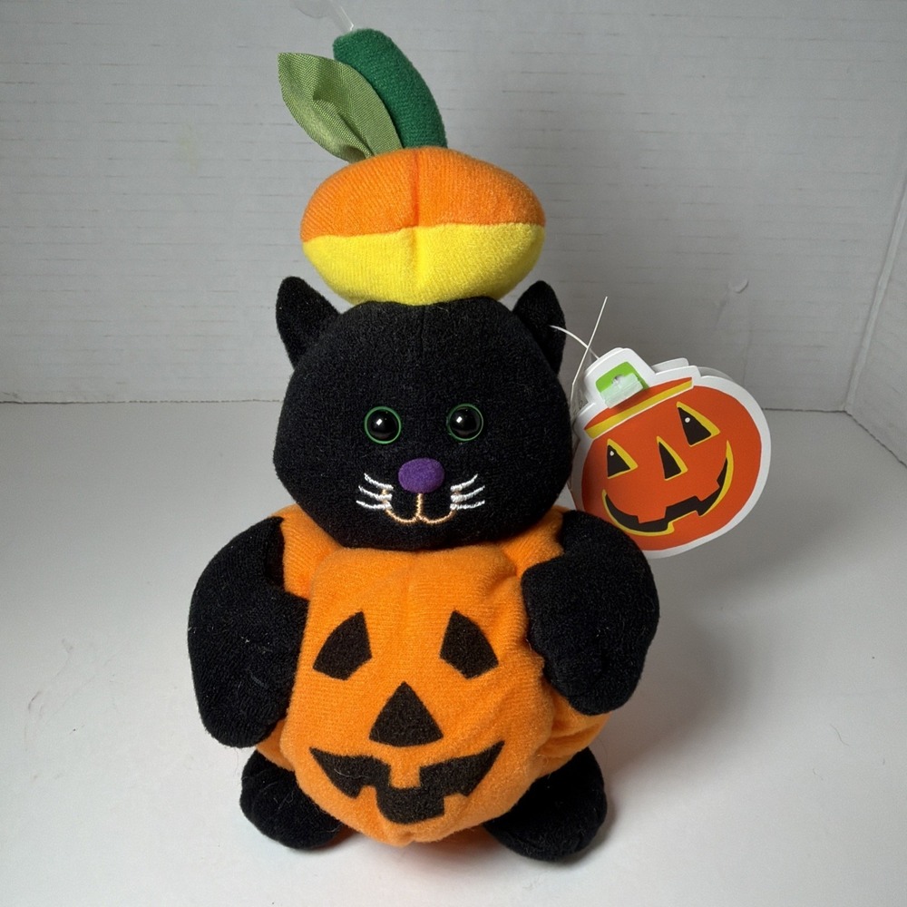 American Greetings 7" Halloween Black Kitty Cat Pumpkin Plush Jack O Lantern NOS
